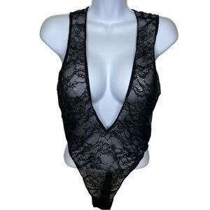 Victoria’s Secret Mesh Lace Deep V-Neck Sleeveless Sheer Bodysuit Black Size Med